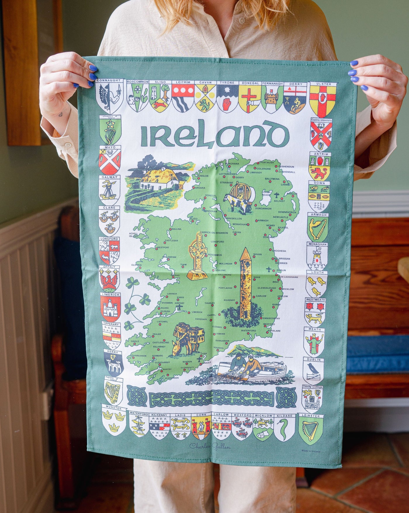 map of ireland crests tea towel