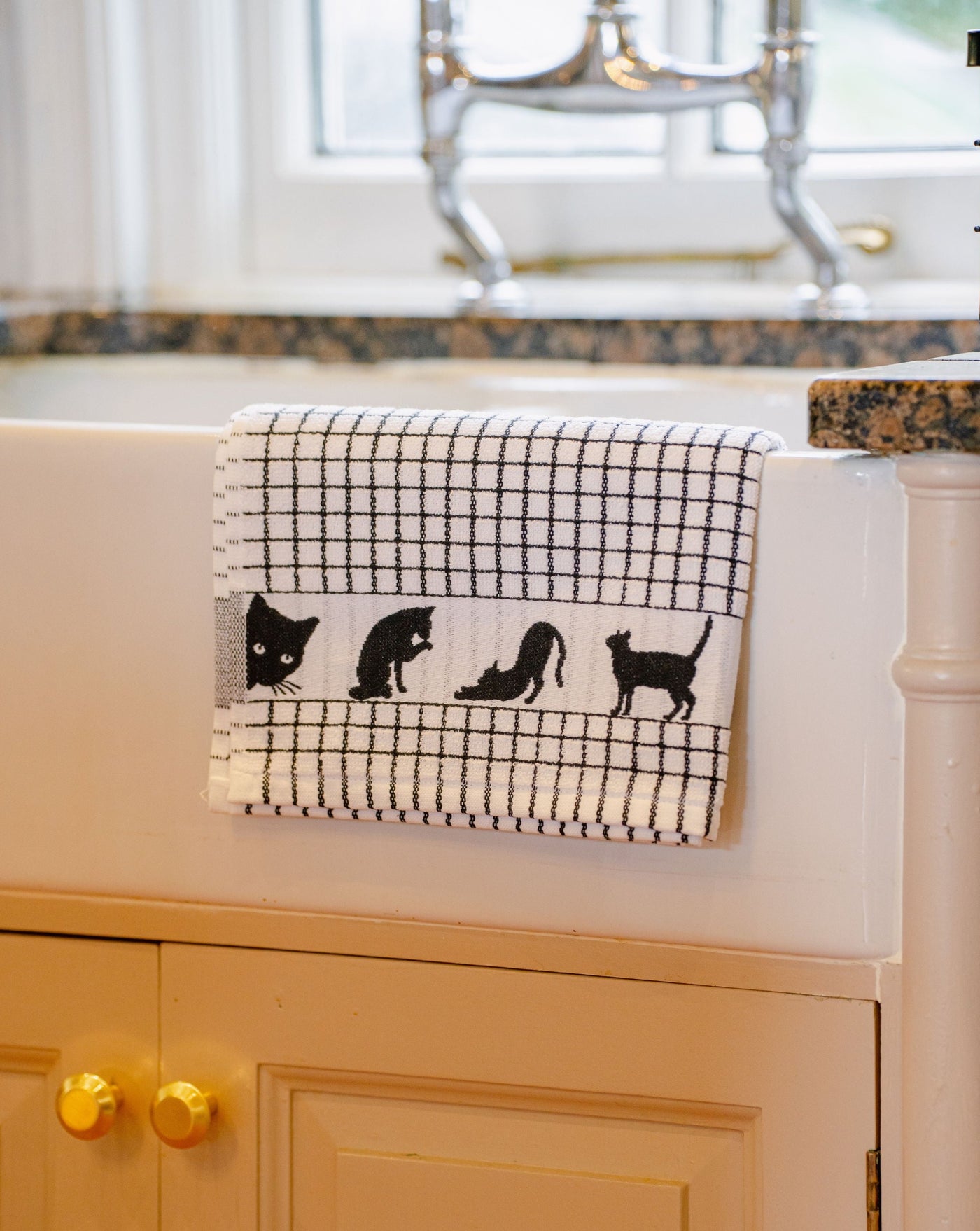 black cat chequered tea towel