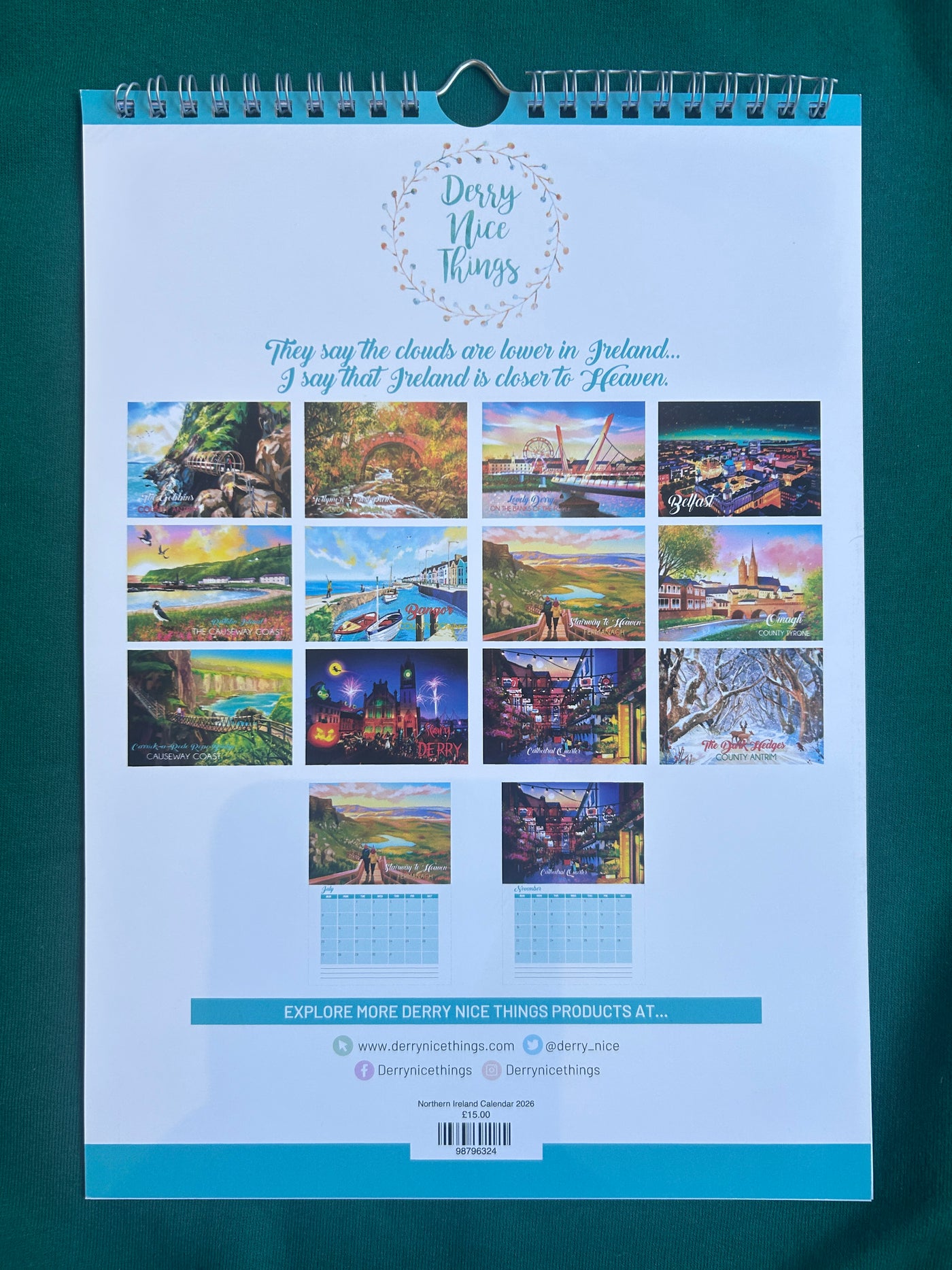 Northern Ireland Calendar with scenic images on a green background