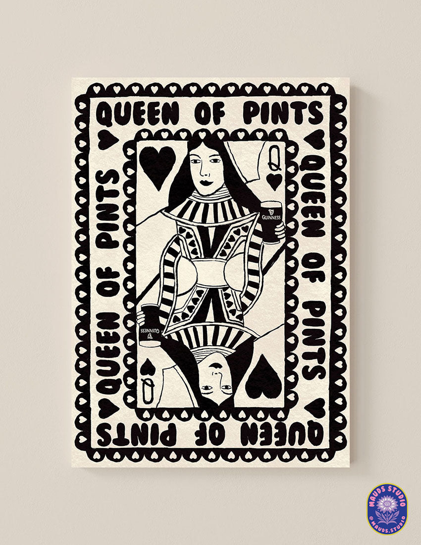 Black & White Queen of Pints Playing Card Print | Mauds Studio