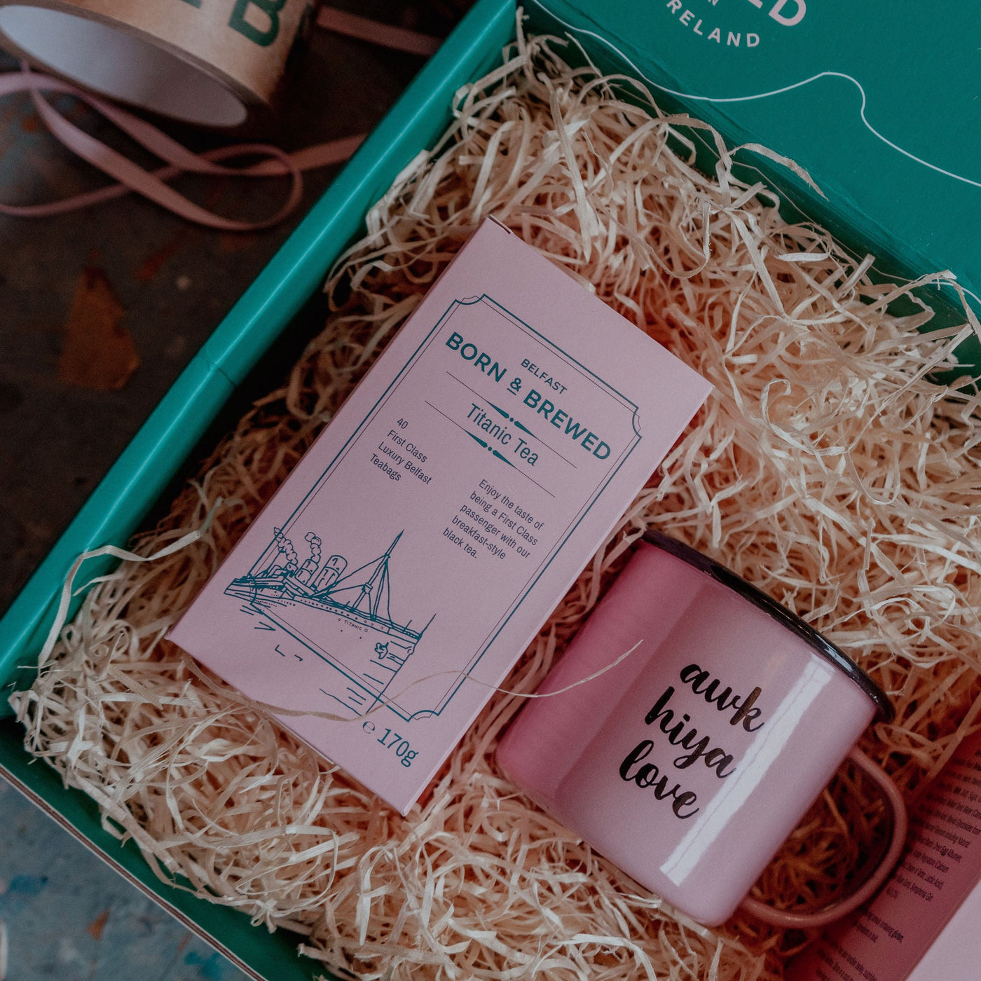 awk hiya box with pink mug and titanic tea