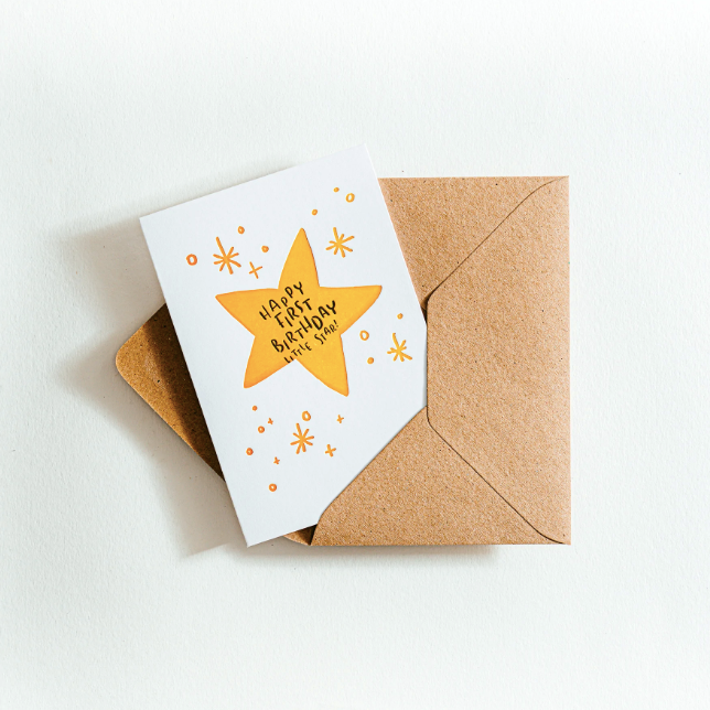 Alles Gute zum ersten Geburtstag, kleine Stern-Kaffeetasse-Karte