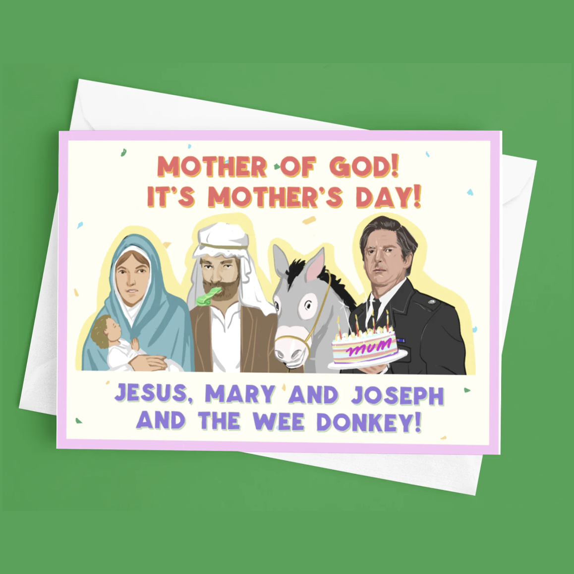 Muttertagskarte mit Jesus, Maria, Josef und dem kleinen Esel